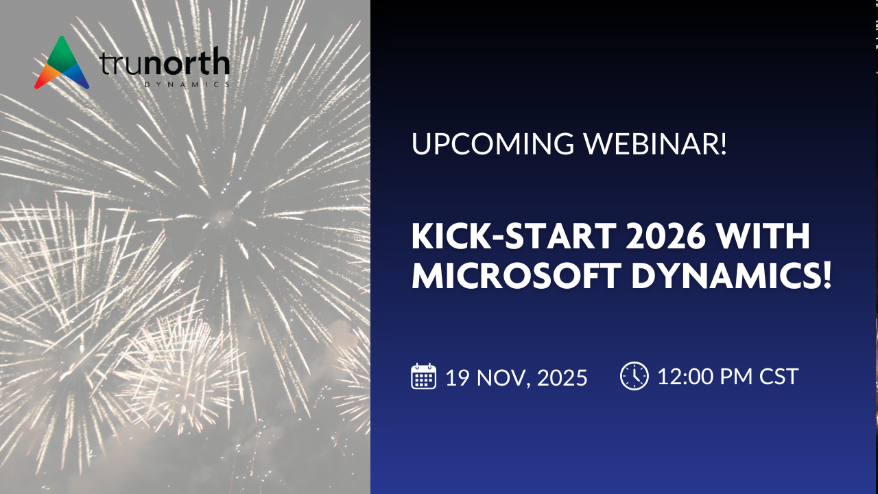 Announcement for a webinar titled 'Kick-Start 2026 with Microsoft Dynamics' featuring fireworks in the background.