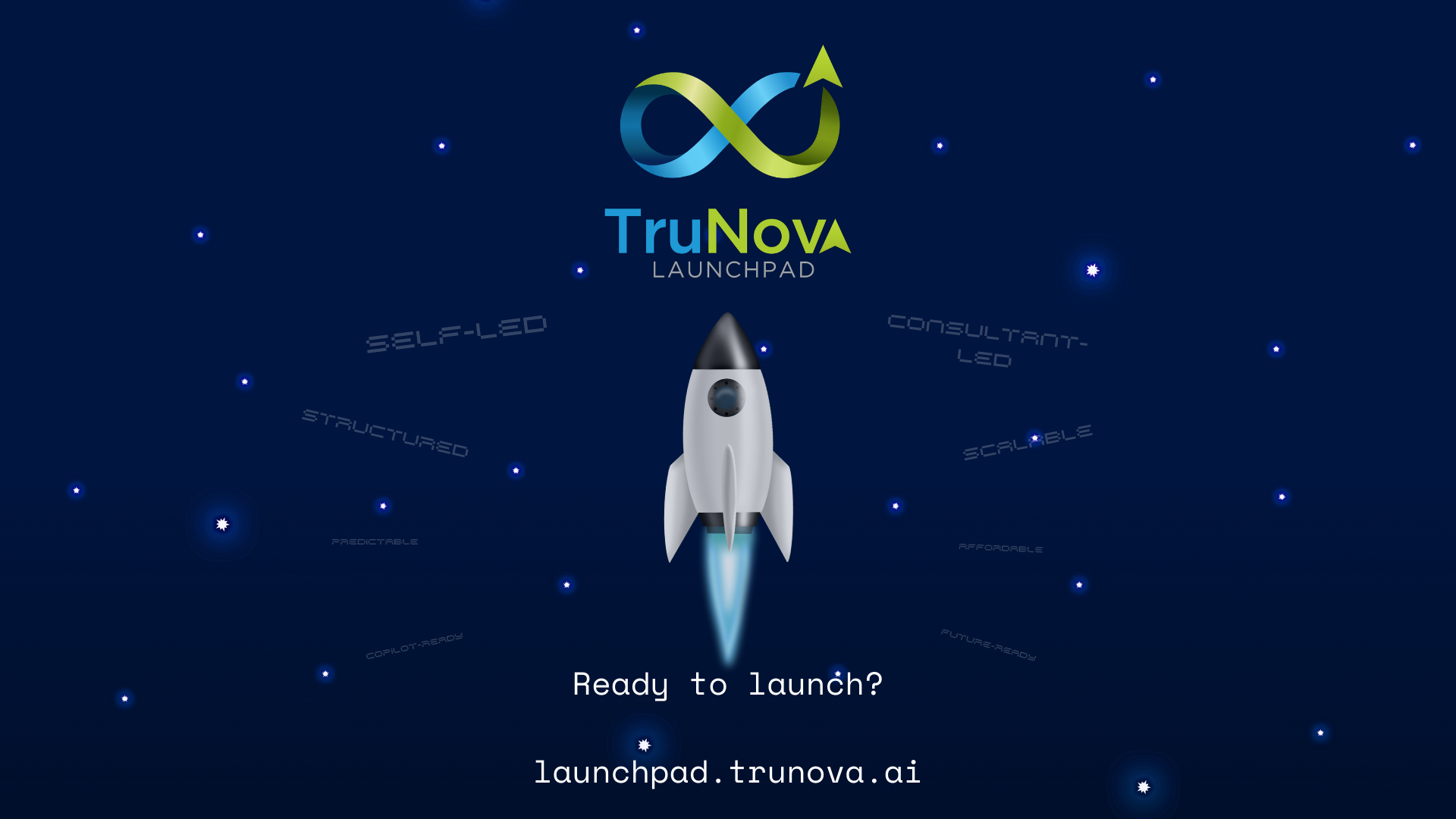 TruNova Launchpad graphic with the blue and lime TruNova logo, a rocket blasting off against a deep blue starry background, conveying energy and innovation.