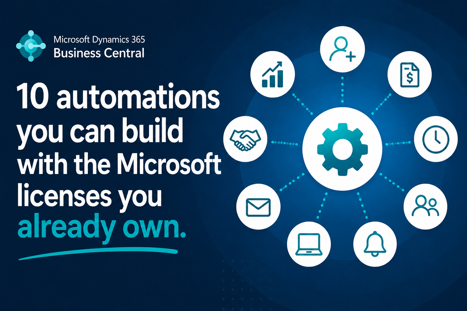 Ten automations you can build with Microsoft licenses you already own, with Microsoft Dynamics 365, Business Central, and Power Platform icons on a blue teal background.