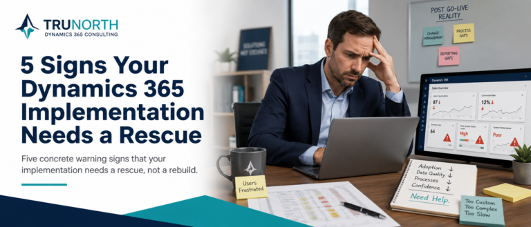 A frustrated consultant reviews Dynamics 365 issues at a desk, with rescue notes, warning cards, and a dashboard showing adoption, data quality, and performance gaps.