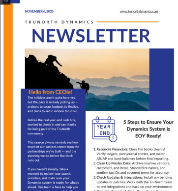 Newsletter from Trunorth Dynamics featuring a mountain climber and text about year-end system checks.