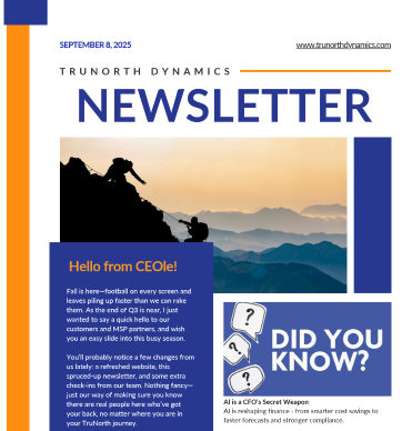 Newsletter design for Trunorth Dynamics featuring a blue and white layout with text and graphics.
